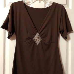 Womens V-Neck Blouse with Rhinestone Design at Chest Brown Size Small